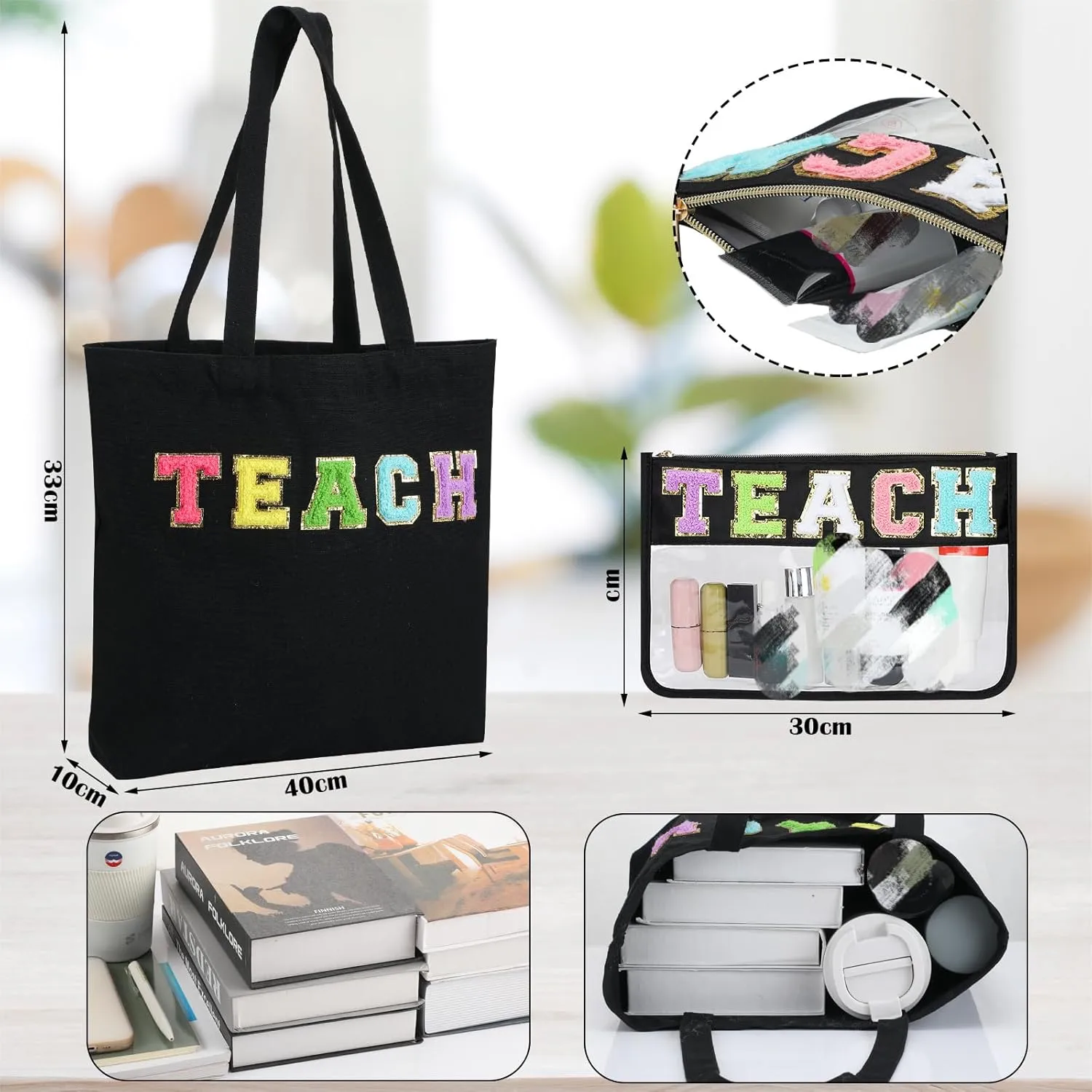 2 Pcs Teacher Appreciation Gifts Tote Makeup Bag Gift for Teacher Sister Chenille Letter Work Reusable Grocery Bags
