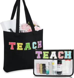 2 Pcs Teacher Appreciation Gifts Tote Makeup Bag Gift for Teacher Sister Chenille Letter Work Reusable Grocery Bags
