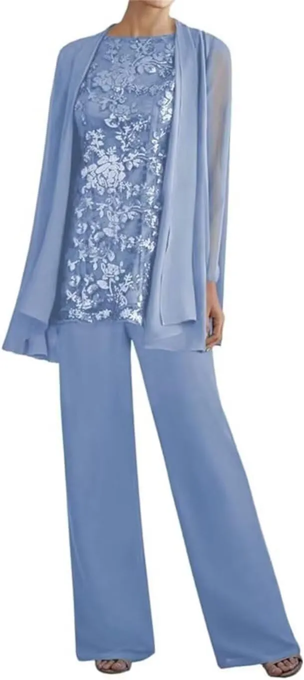 3 Pieces Dressy Pant Suits for Women Long Sleeve Lace Chiffon Outfits Formal Evening Gowns for Wedding with Jackets