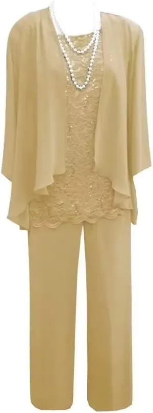 3 Pieces Mother of The Bride Dresses Pant Suits Lace Appliques Chiffon Long Wedding Guest Dress with Jacket
