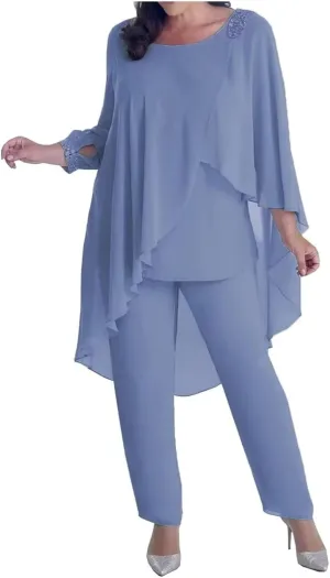 3 Pieces Pant Suits Mother of The Bride Dresses for Wedding Chiffon Beaded Formal Gowns with Sleeves