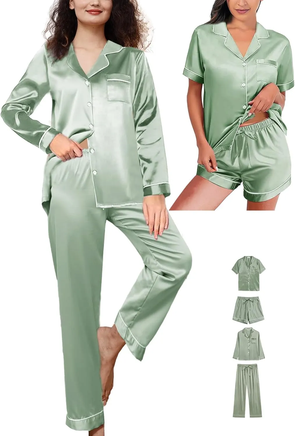 4Pcs Womens Silk Satin Pajama Sets Floral Pajamas Silky Pj Sets XS-2XL Button Down Pjs Set Loungewear Sleepwear