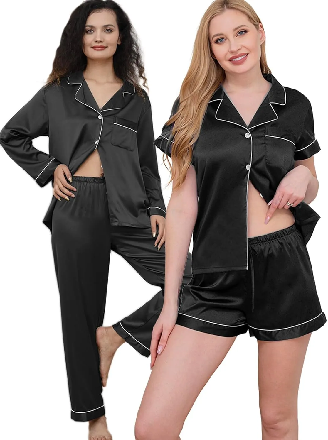 4Pcs Womens Silk Satin Pajama Sets Floral Pajamas Silky Pj Sets XS-2XL Button Down Pjs Set Loungewear Sleepwear