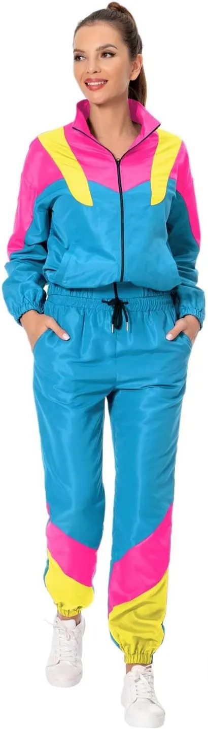 80s Tracksuit Women Retro Sportswear Sets Hip Hop Colorblock Outfit Windbreaker Disco Track Suits