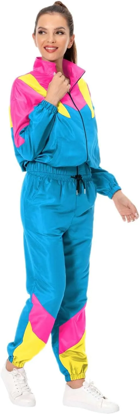 80s Tracksuit Women Retro Sportswear Sets Hip Hop Colorblock Outfit Windbreaker Disco Track Suits