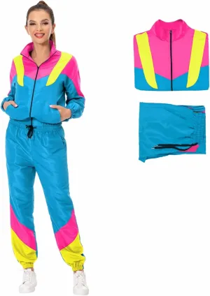 80s Tracksuit Women Retro Sportswear Sets Hip Hop Colorblock Outfit Windbreaker Disco Track Suits