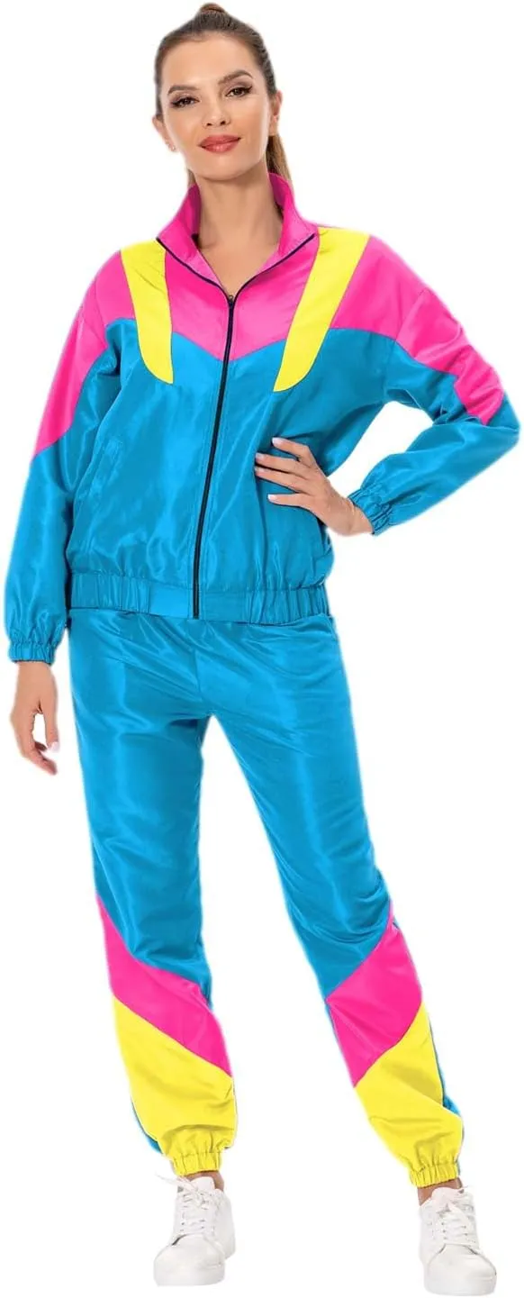 80s Tracksuit Women Retro Sportswear Sets Hip Hop Colorblock Outfit Windbreaker Disco Track Suits