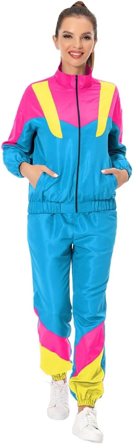 80s Tracksuit Women Retro Sportswear Sets Hip Hop Colorblock Outfit Windbreaker Disco Track Suits