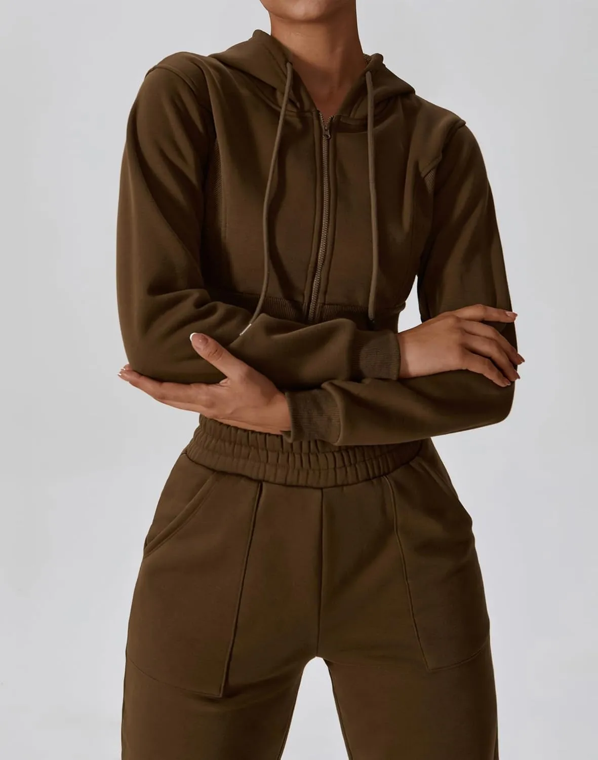 ABOCIW Women's Two Piece Outfits Sweatsuit Fleece Long Sleeve Zip Up Hoodies Cropped Sweatshirts Sweatpants Jogger Set