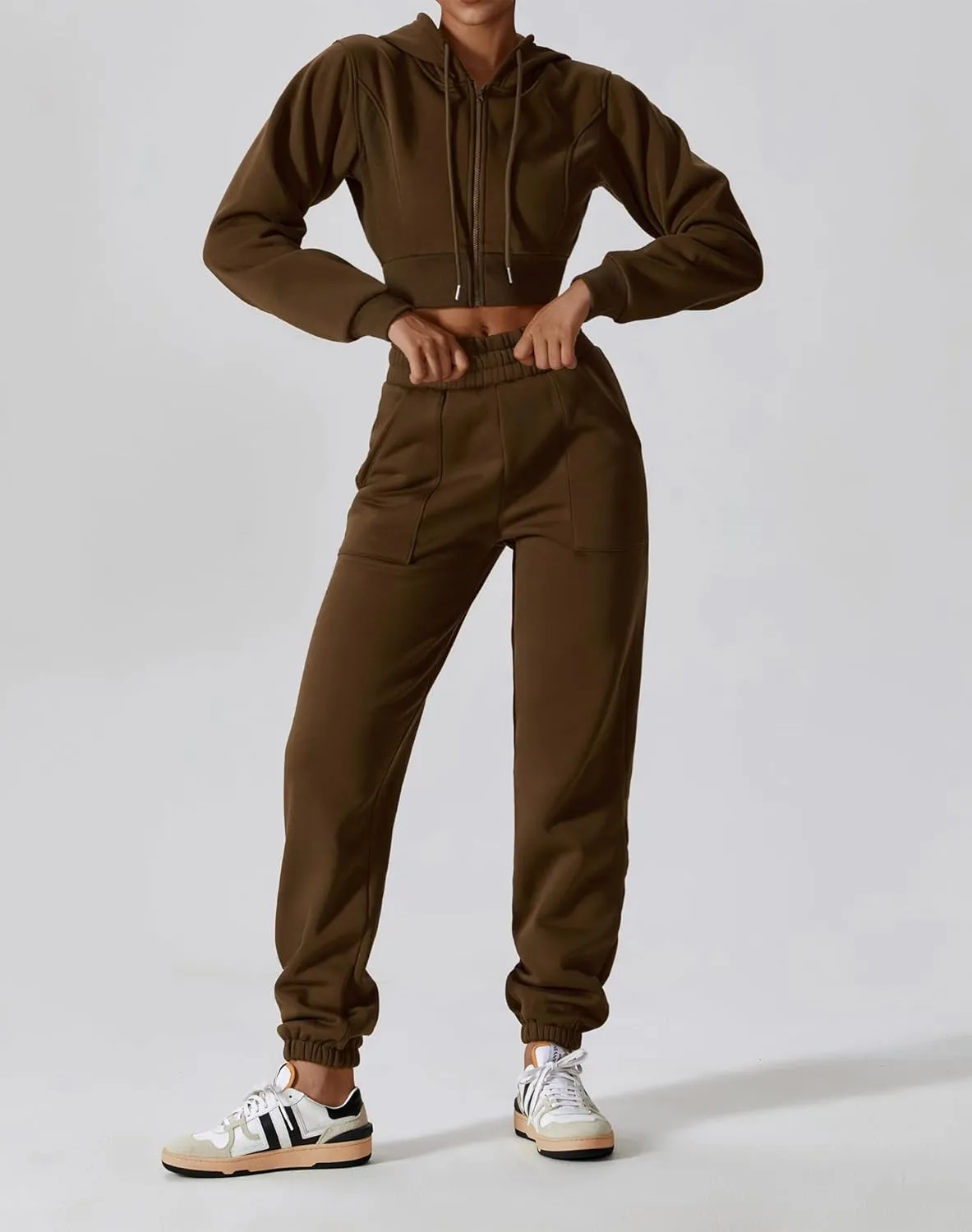 ABOCIW Women's Two Piece Outfits Sweatsuit Fleece Long Sleeve Zip Up Hoodies Cropped Sweatshirts Sweatpants Jogger Set