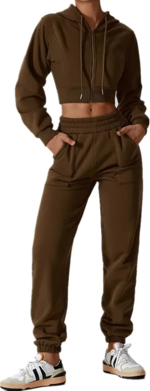 ABOCIW Women's Two Piece Outfits Sweatsuit Fleece Long Sleeve Zip Up Hoodies Cropped Sweatshirts Sweatpants Jogger Set