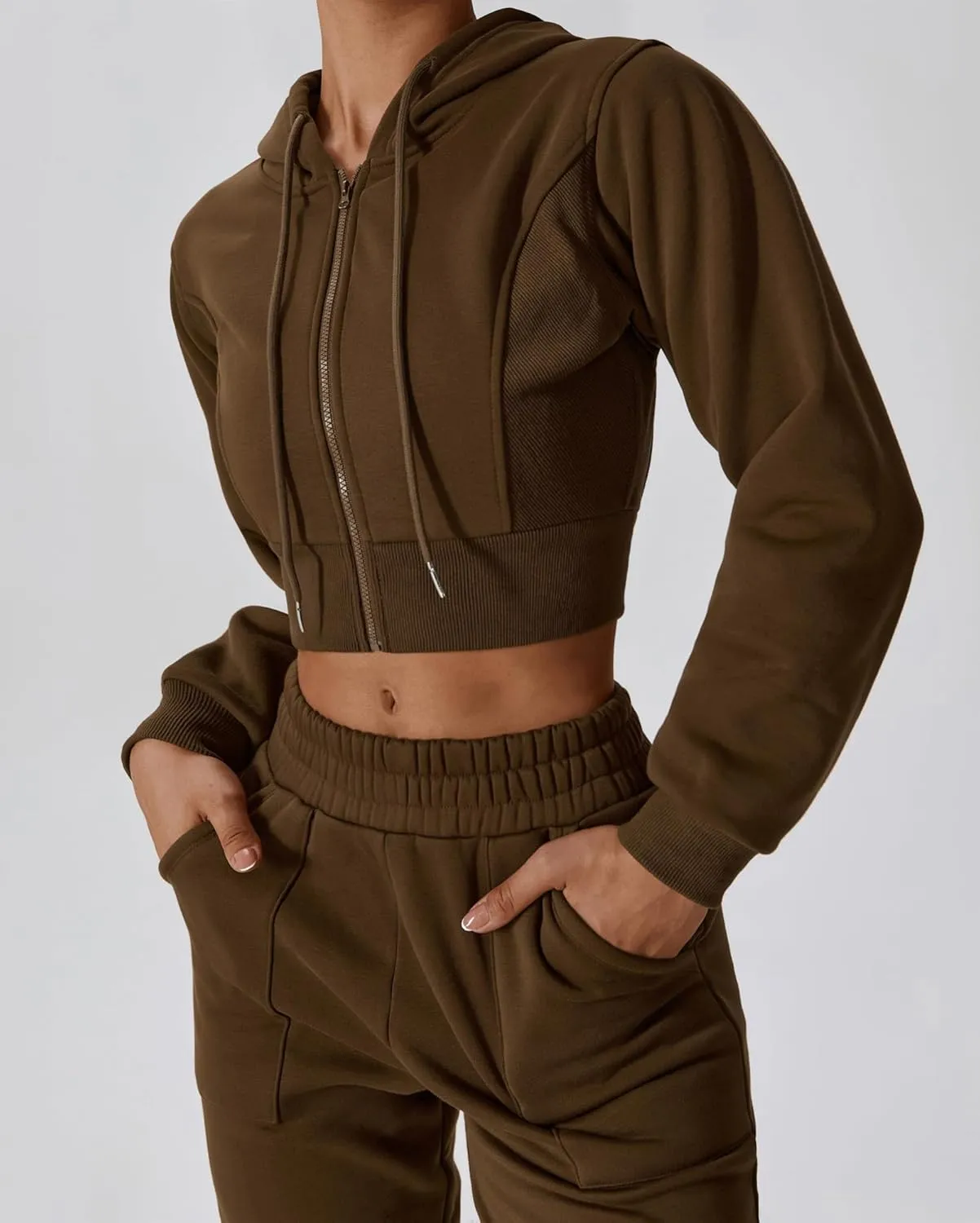 ABOCIW Women's Two Piece Outfits Sweatsuit Fleece Long Sleeve Zip Up Hoodies Cropped Sweatshirts Sweatpants Jogger Set