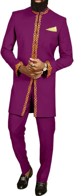 African Suit for Men Jacket and Trousers 2 Piece Set Dashiki Blazer with Kerchief Bazin Riche Kaftan Wedding Evening