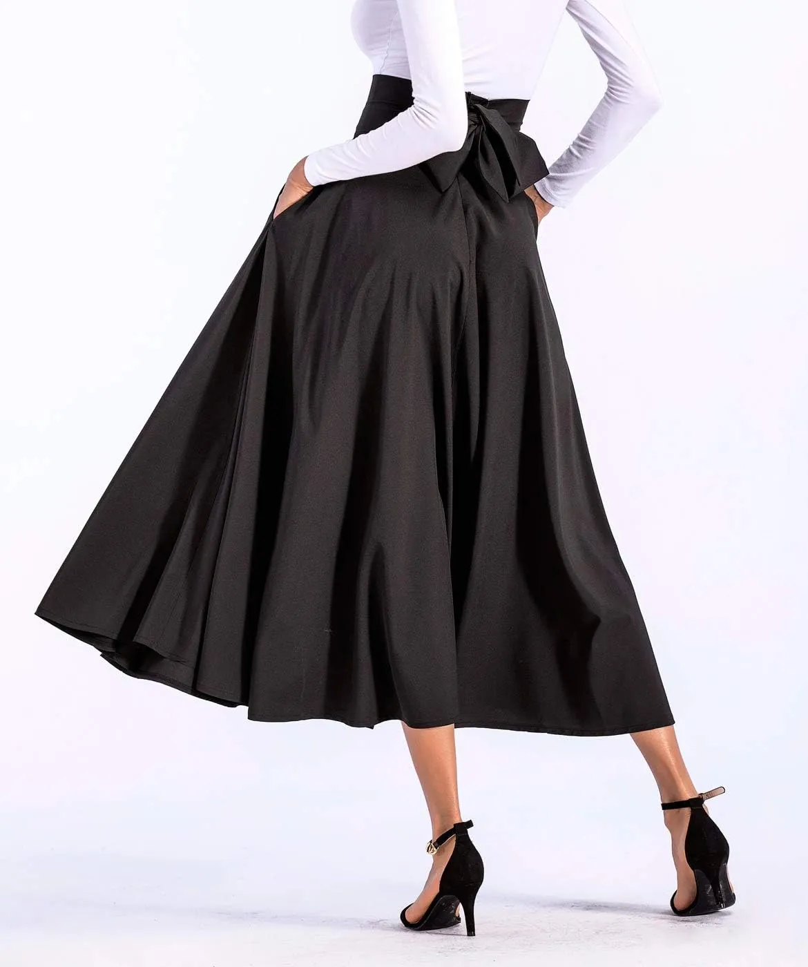 Aivtalk Women High Waist Long Skirt with Slit Pockets Bow Tie Pleated Maxi Skirt