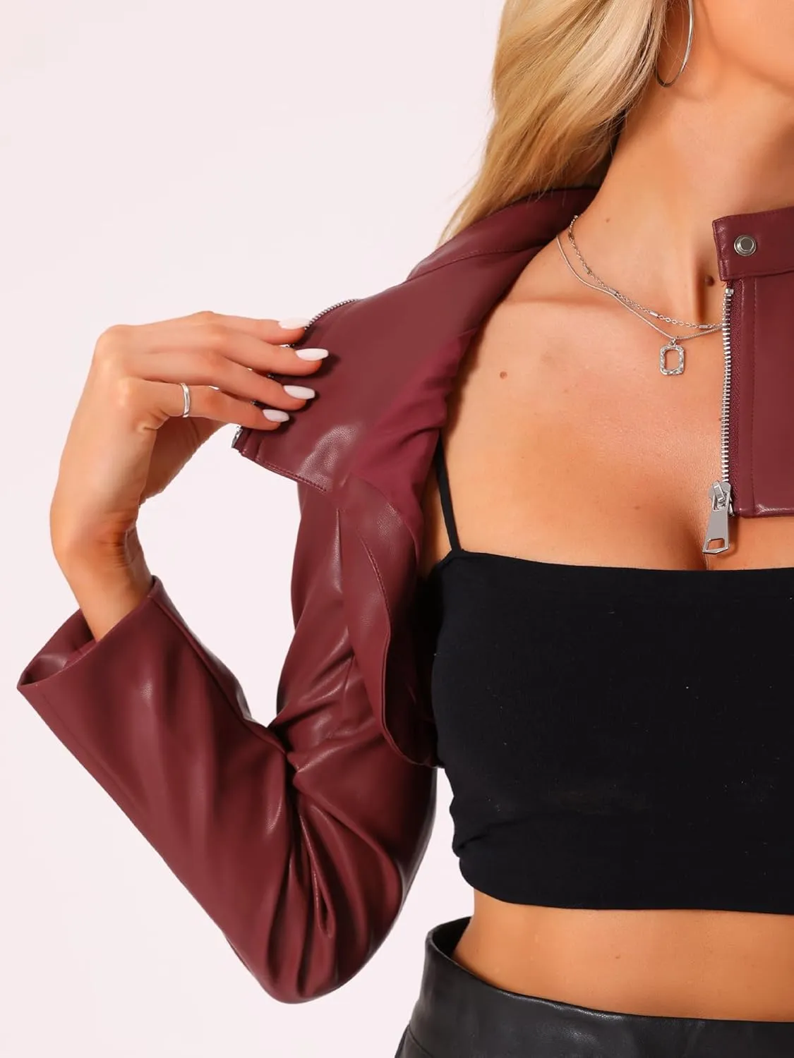 Allegra K Women's Faux Leather Cropped Top Stand Collar Zipper Front Moto Biker Long Sleeve Jacket Coat