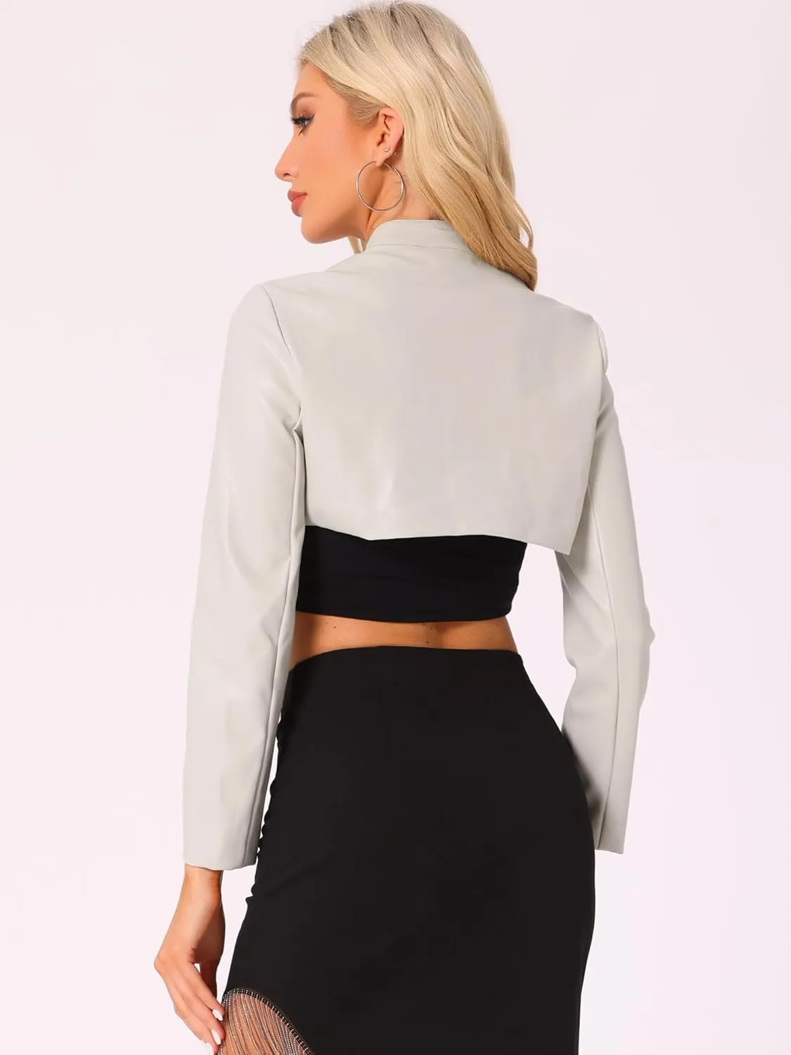 Allegra K Women's Faux Leather Cropped Top Stand Collar Zipper Front Moto Biker Long Sleeve Jacket Coat