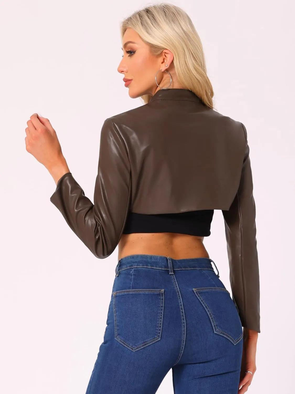 Allegra K Women's Faux Leather Cropped Top Stand Collar Zipper Front Moto Biker Long Sleeve Jacket Coat