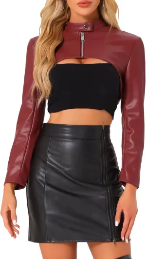 Allegra K Women's Faux Leather Cropped Top Stand Collar Zipper Front Moto Biker Long Sleeve Jacket Coat