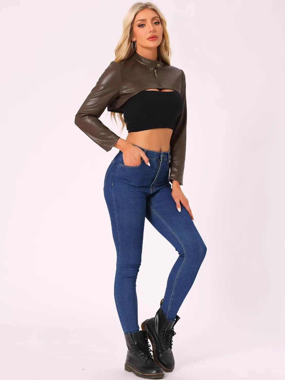 Allegra K Women's Faux Leather Cropped Top Stand Collar Zipper Front Moto Biker Long Sleeve Jacket Coat