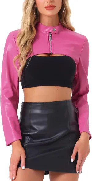 Allegra K Women's Faux Leather Cropped Top Stand Collar Zipper Front Moto Biker Long Sleeve Jacket Coat