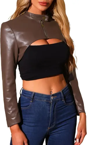 Allegra K Women's Faux Leather Cropped Top Stand Collar Zipper Front Moto Biker Long Sleeve Jacket Coat