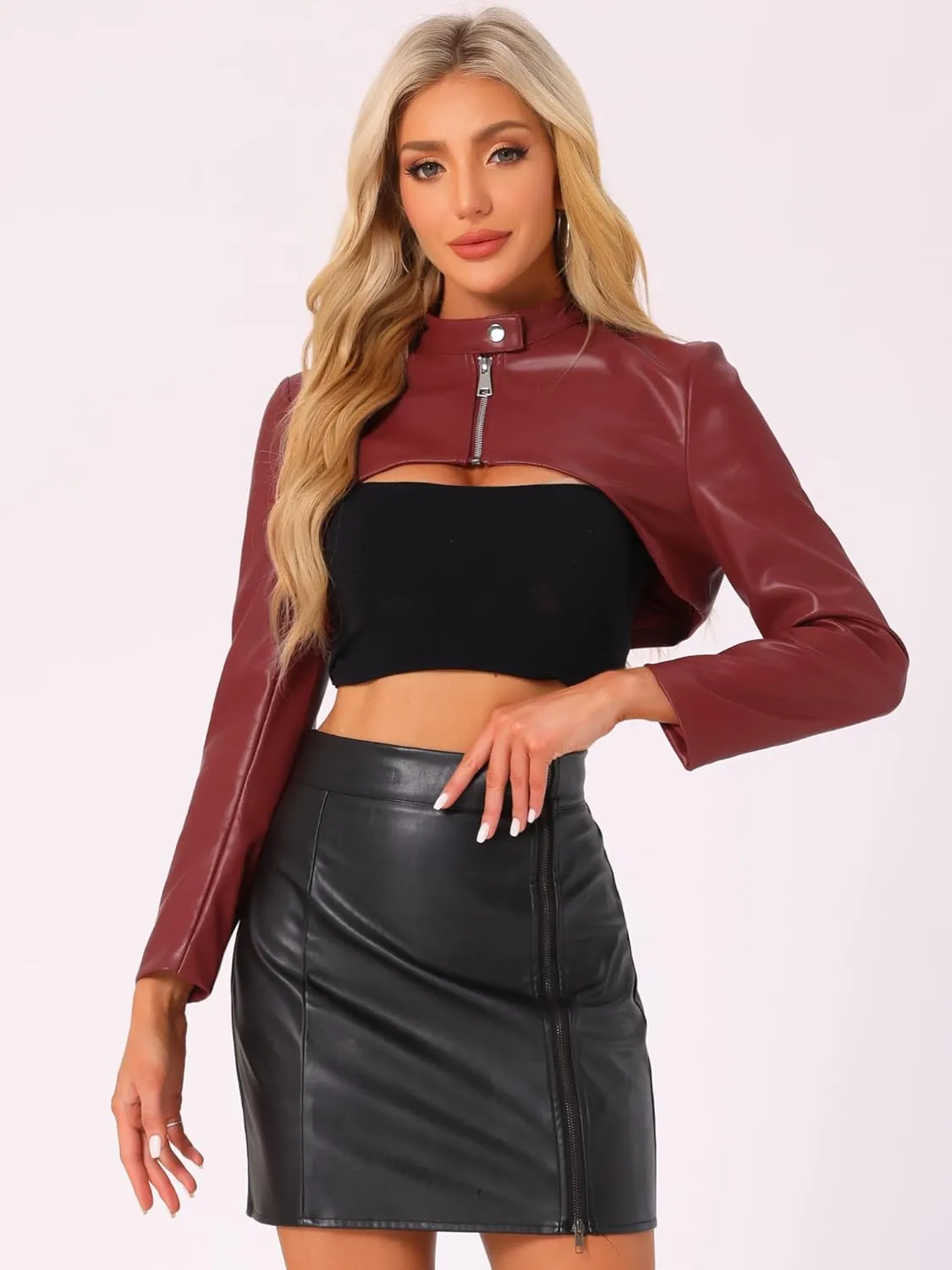 Allegra K Women's Faux Leather Cropped Top Stand Collar Zipper Front Moto Biker Long Sleeve Jacket Coat
