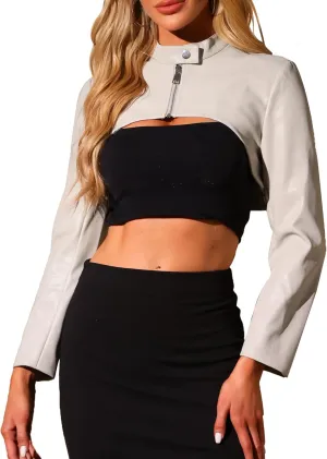 Allegra K Women's Faux Leather Cropped Top Stand Collar Zipper Front Moto Biker Long Sleeve Jacket Coat