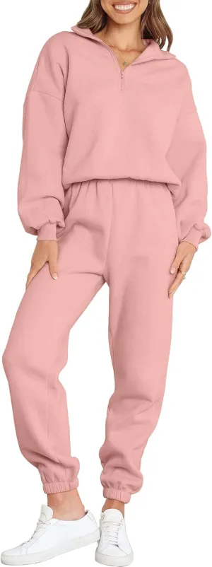 ANRABESS Women 2 Piece Outfits Sweatsuit Oversized Half Zip Sweatshirt Jogger Sweatpants Tracksuit Lounge Set 2024 Clothes