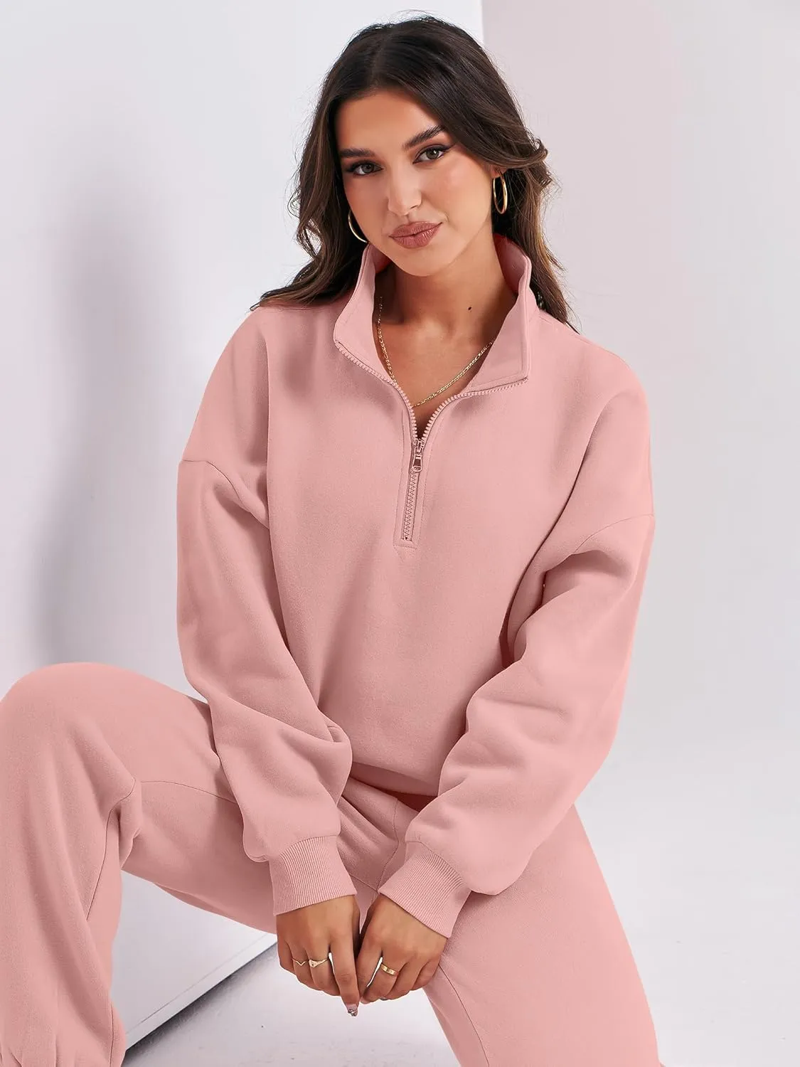 ANRABESS Women 2 Piece Outfits Sweatsuit Oversized Half Zip Sweatshirt Jogger Sweatpants Tracksuit Lounge Set 2024 Clothes