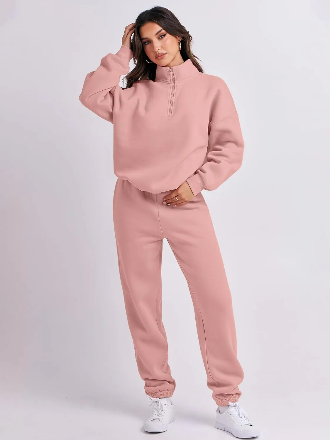 ANRABESS Women 2 Piece Outfits Sweatsuit Oversized Half Zip Sweatshirt Jogger Sweatpants Tracksuit Lounge Set 2024 Clothes