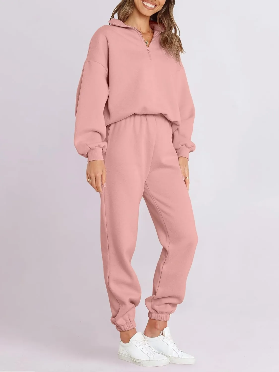 ANRABESS Women 2 Piece Outfits Sweatsuit Oversized Half Zip Sweatshirt Jogger Sweatpants Tracksuit Lounge Set 2025 Clothes