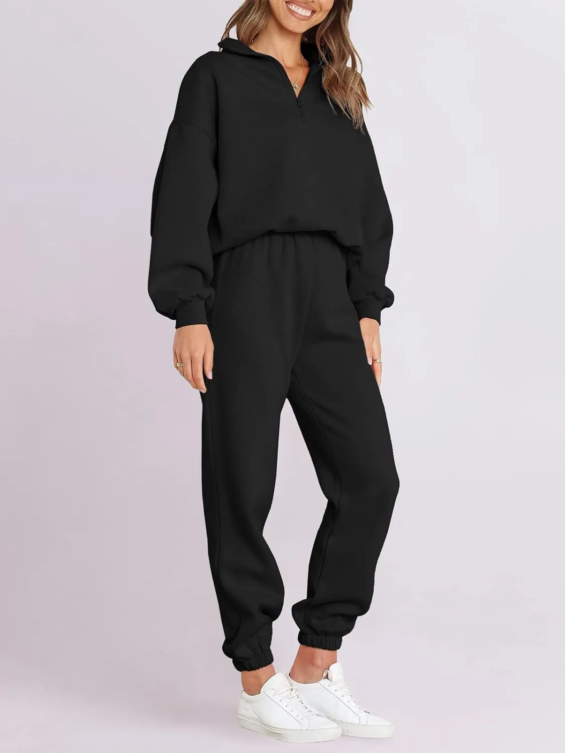 ANRABESS Women 2 Piece Outfits Sweatsuit Oversized Half Zip Sweatshirt Jogger Sweatpants Tracksuit Lounge Set 2025 Clothes