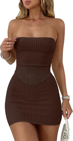 ANRABESS Women 2 Piece Skirt Sets Summer Strapless Crop Top Matching Bodycon Sexy Going Out Mini Club Dress Outfit Clothes