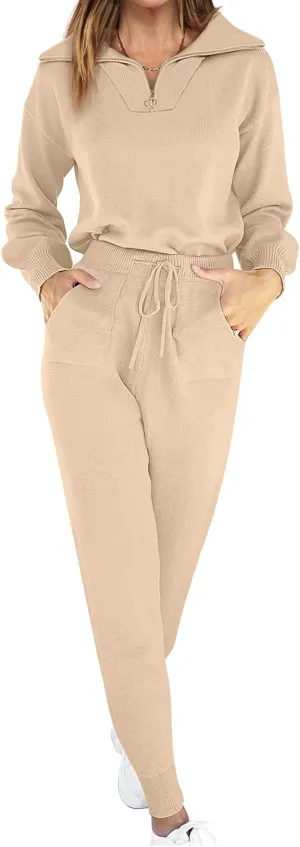 ANRABESS Women's Two Piece Outfits Sweater Sets Long Sleeve Zip Up Knit Pullover Jogger Pants Tracksuit 2024 Fall Lounge Sets