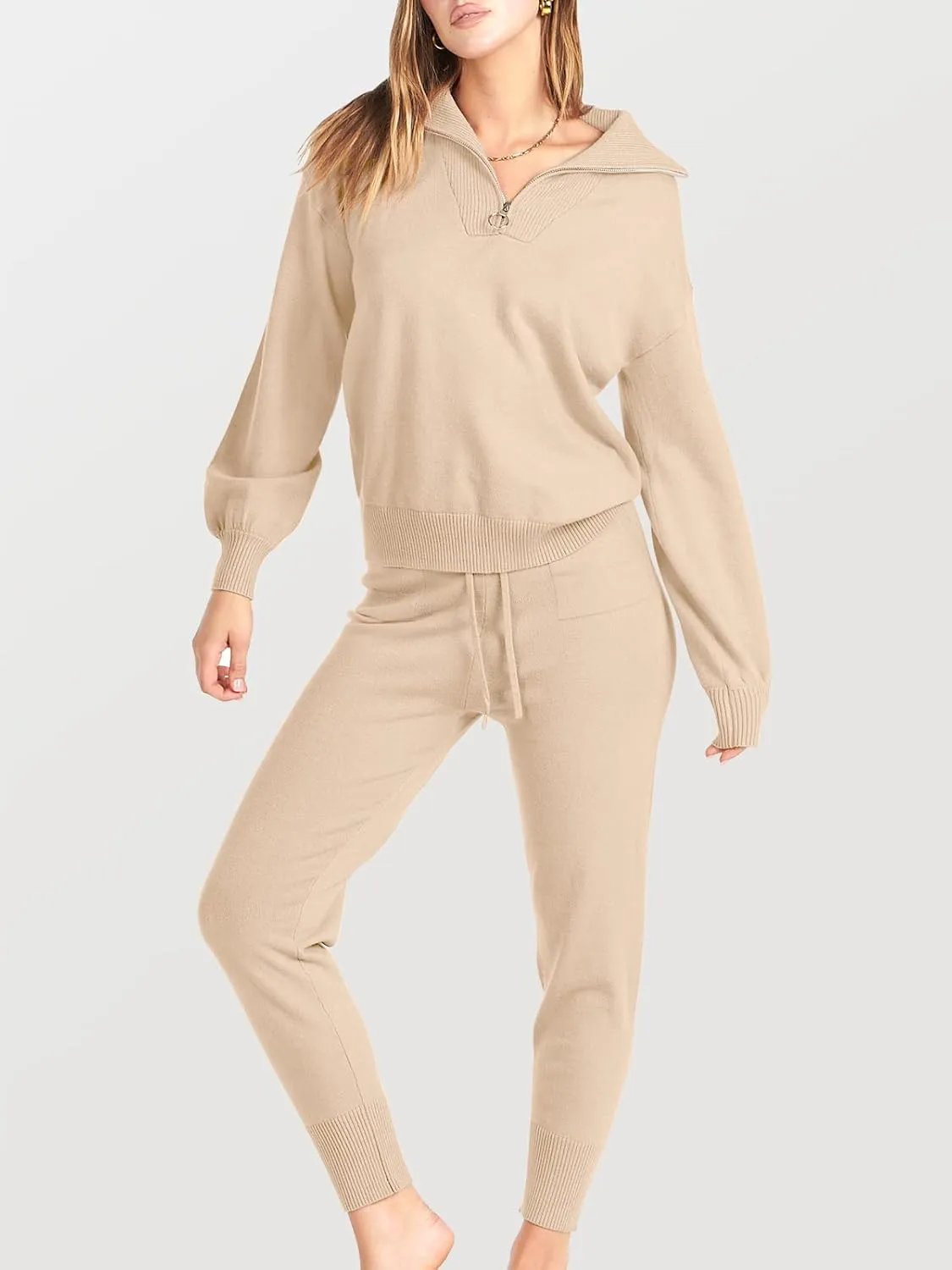 ANRABESS Women's Two Piece Outfits Sweater Sets Long Sleeve Zip Up Knit Pullover Jogger Pants Tracksuit 2024 Fall Lounge Sets