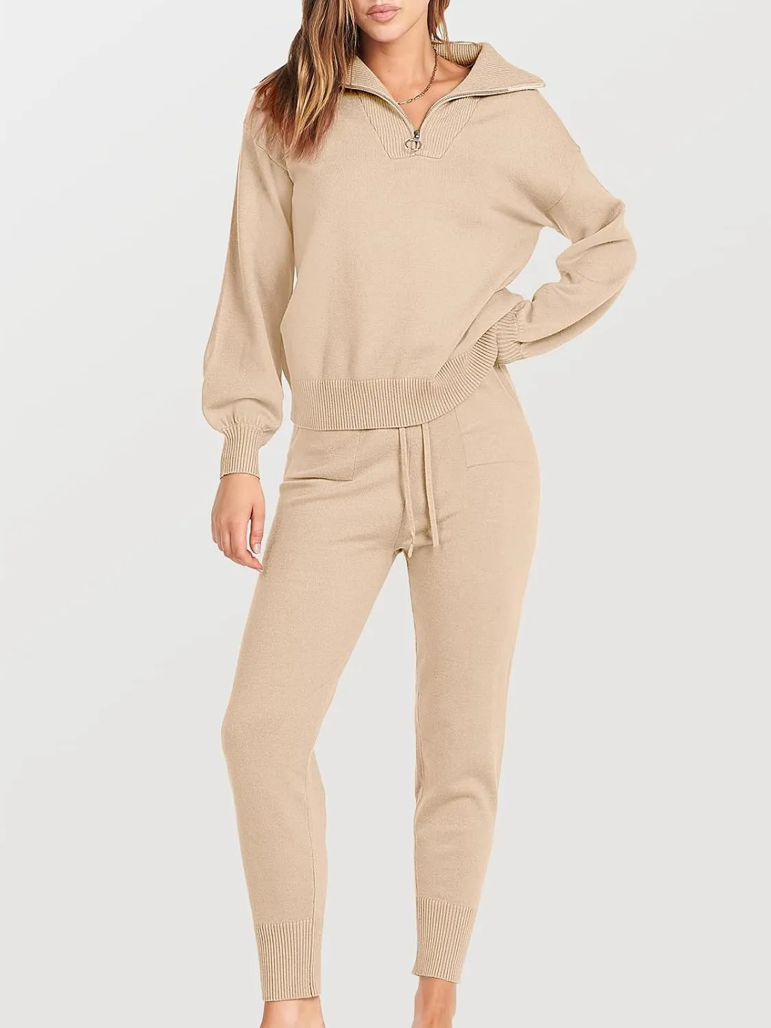 ANRABESS Women's Two Piece Outfits Sweater Sets Long Sleeve Zip Up Knit Pullover Jogger Pants Tracksuit 2024 Fall Lounge Sets