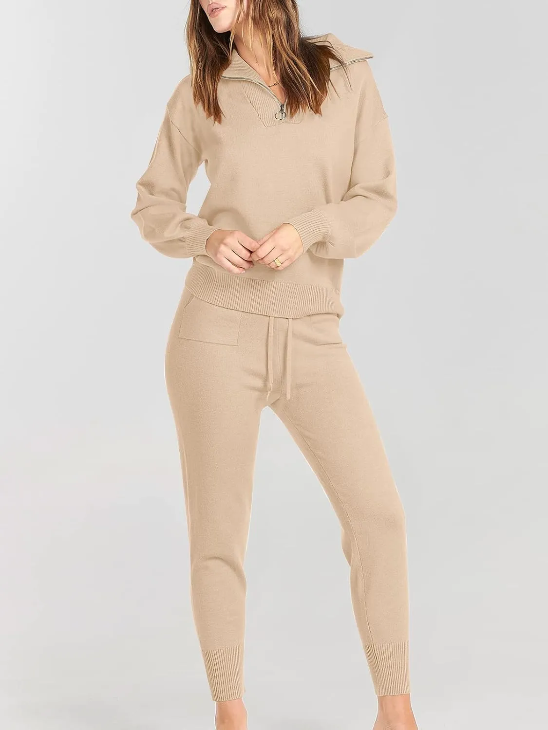 ANRABESS Women's Two Piece Outfits Sweater Sets Long Sleeve Zip Up Knit Pullover Jogger Pants Tracksuit 2024 Fall Lounge Sets