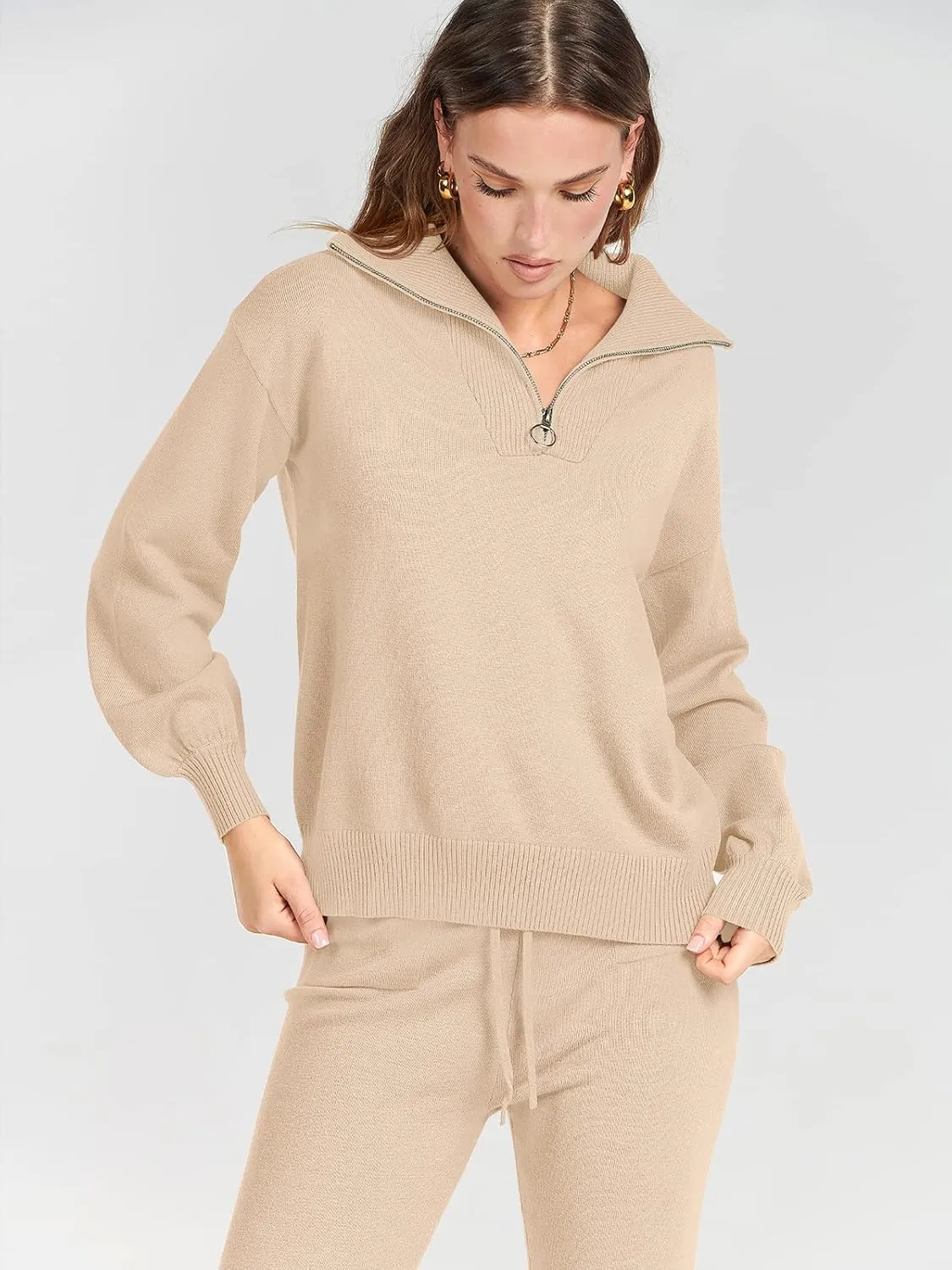 ANRABESS Women's Two Piece Outfits Sweater Sets Long Sleeve Zip Up Knit Pullover Jogger Pants Tracksuit 2024 Fall Lounge Sets
