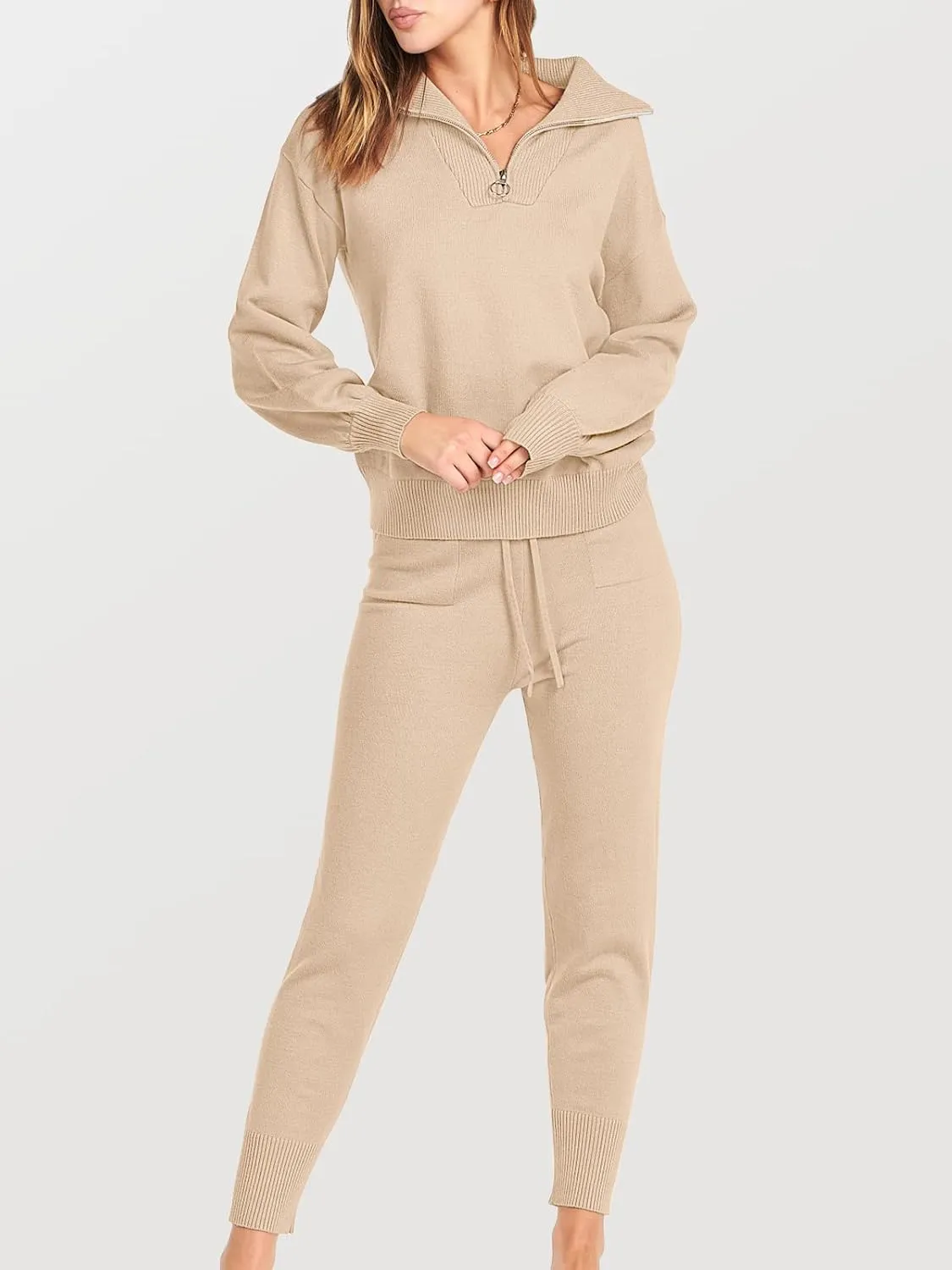 ANRABESS Women's Two Piece Outfits Sweater Sets Long Sleeve Zip Up Knit Pullover Jogger Pants Tracksuit 2024 Fall Lounge Sets