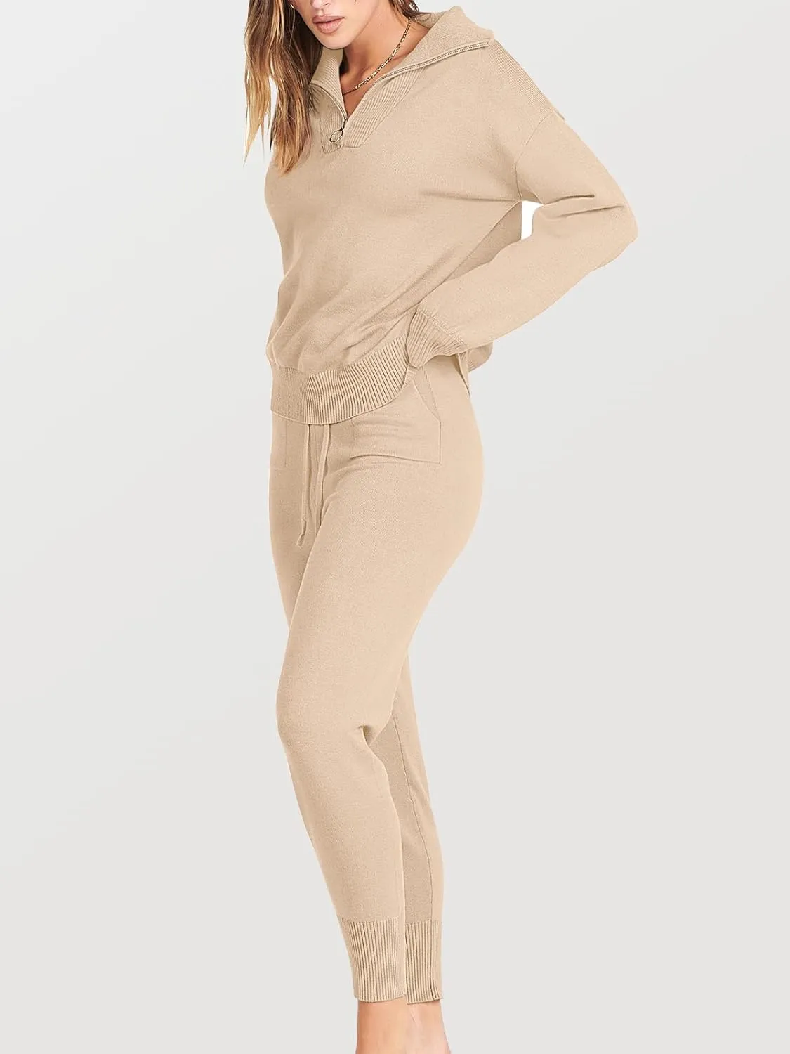 ANRABESS Women's Two Piece Outfits Sweater Sets Long Sleeve Zip Up Knit Pullover Jogger Pants Tracksuit 2024 Fall Lounge Sets