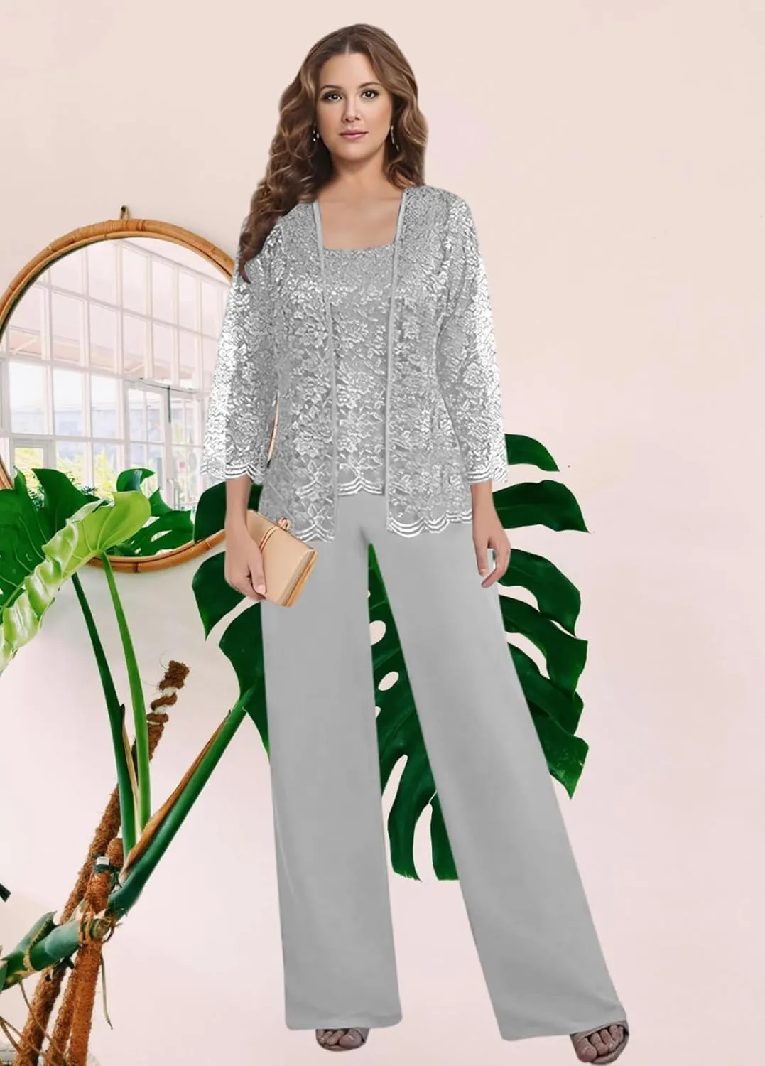 BANTRATIC 3 Pieces Mother of The Bride Pantsuits with Jacket for Wedding 3/4 Sleeve Evening Prom Formal Dressy Outfits