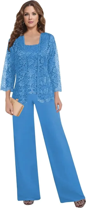 BANTRATIC 3 Pieces Mother of The Bride Pantsuits with Jacket for Wedding 3/4 Sleeve Evening Prom Formal Dressy Outfits