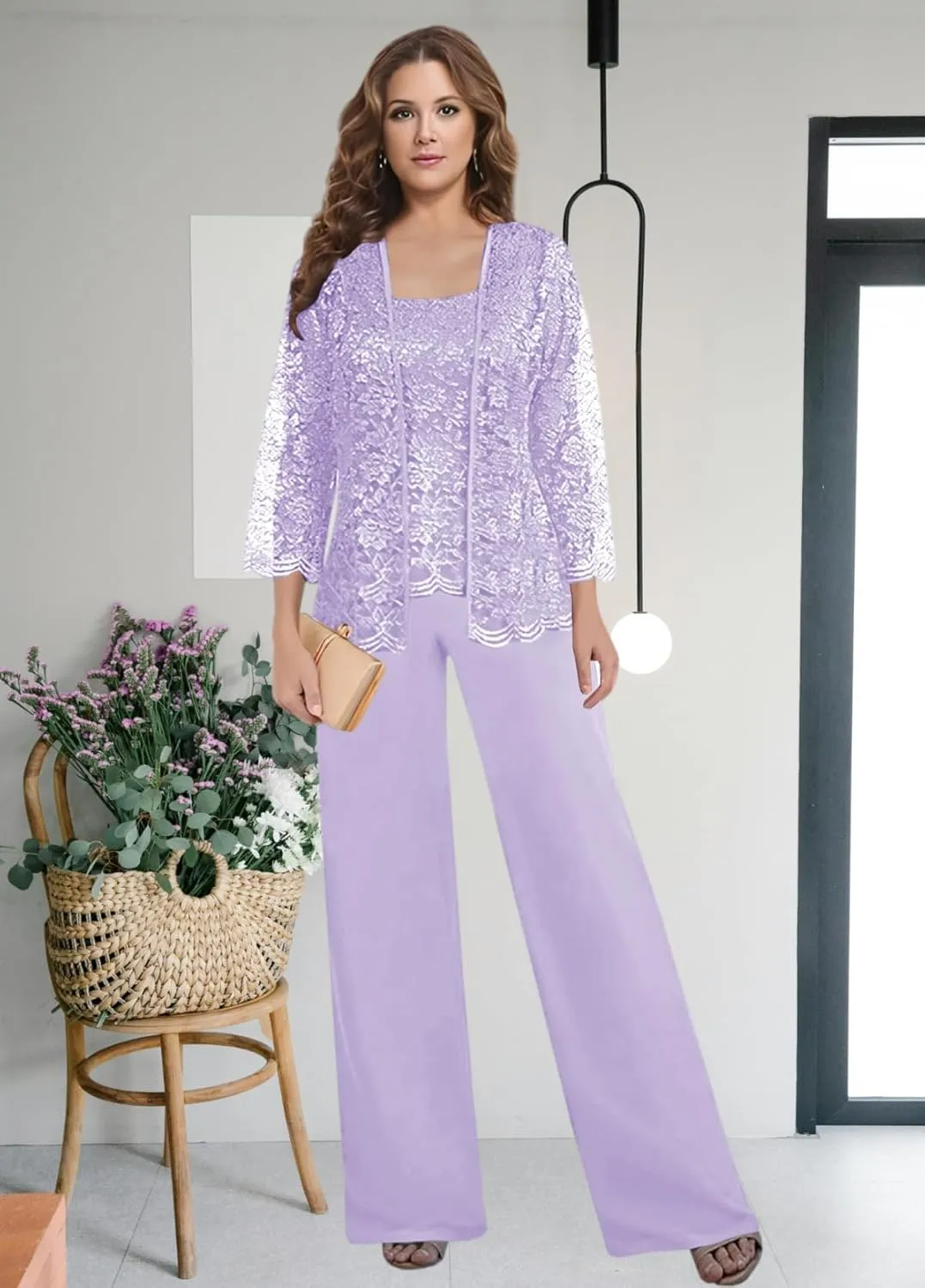 BANTRATIC 3 Pieces Mother of The Bride Pantsuits with Jacket for Wedding 3/4 Sleeve Evening Prom Formal Dressy Outfits