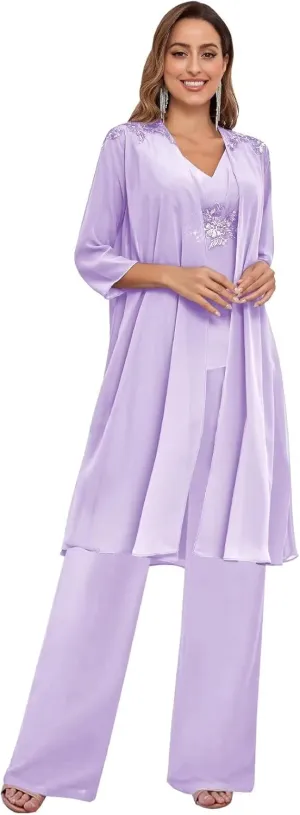 BANTRATIC 3 Pieces Mother of The Bride Pantsuits with Jacket for Wedding 3/4 Sleeve Formal Evening Prom Dressy Pants Outfit