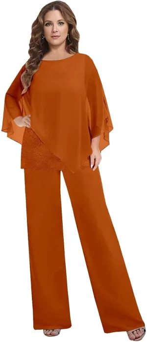 BANTRATIC Dressy 2 Pieces Mother of The Bride Pantsuits for Women Chiffon Cape Formal Guest Evening Prom Cocktail Pant Outfit