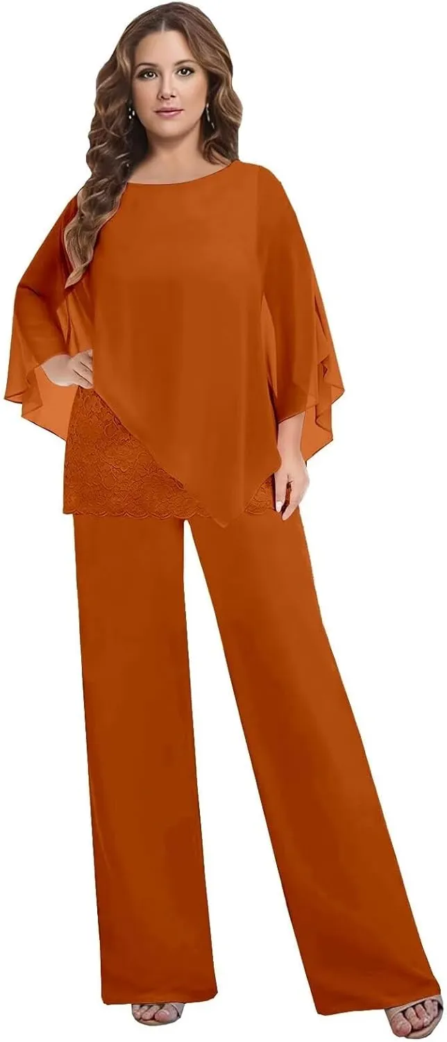 BANTRATIC Dressy 2 Pieces Mother of The Bride Pantsuits for Women Chiffon Cape Formal Guest Evening Prom Cocktail Pant Outfit