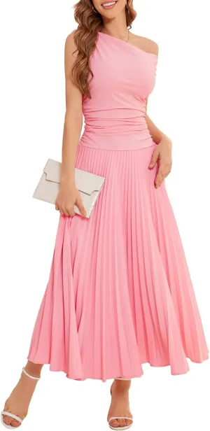 Bbonlinedress Formal Maxi Prom One Shoulder Pleated Cocktail Dress Women Wedding Guest Summer Daily Long Party Dresses