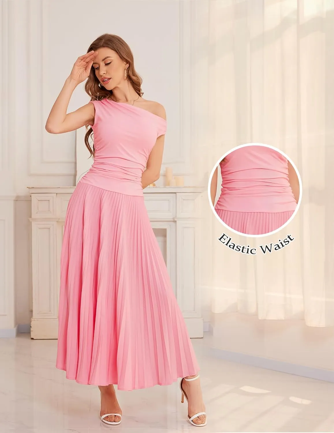 Bbonlinedress Formal Maxi Prom One Shoulder Pleated Cocktail Dress Women Wedding Guest Summer Daily Long Party Dresses