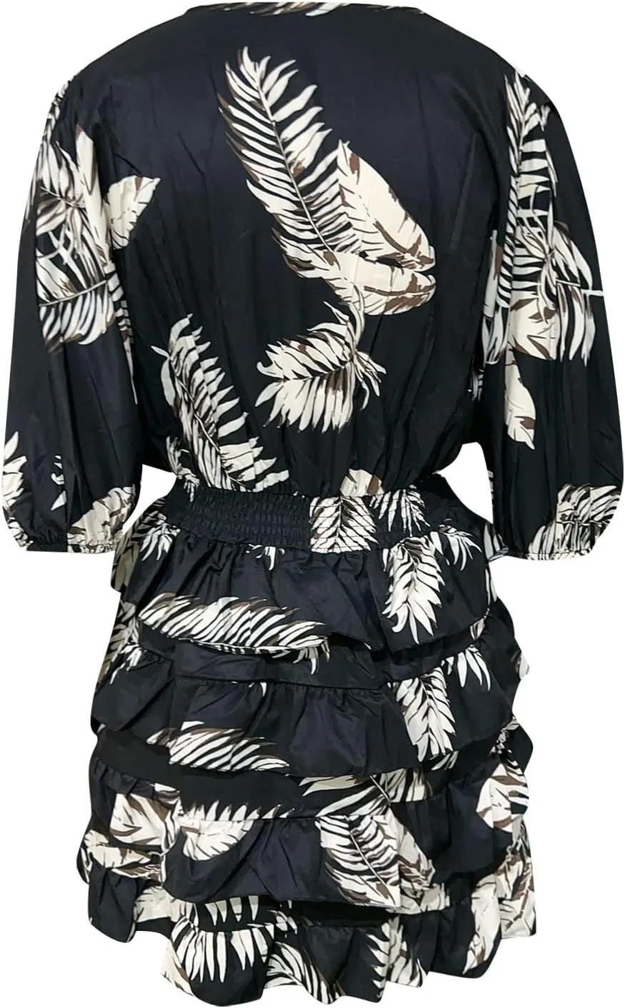 Beach Dresses for Women,2024 Summer Batwing Sleeve Floral Print Boho Dress,Casual V Neck Tiered Ruched Mini Dress