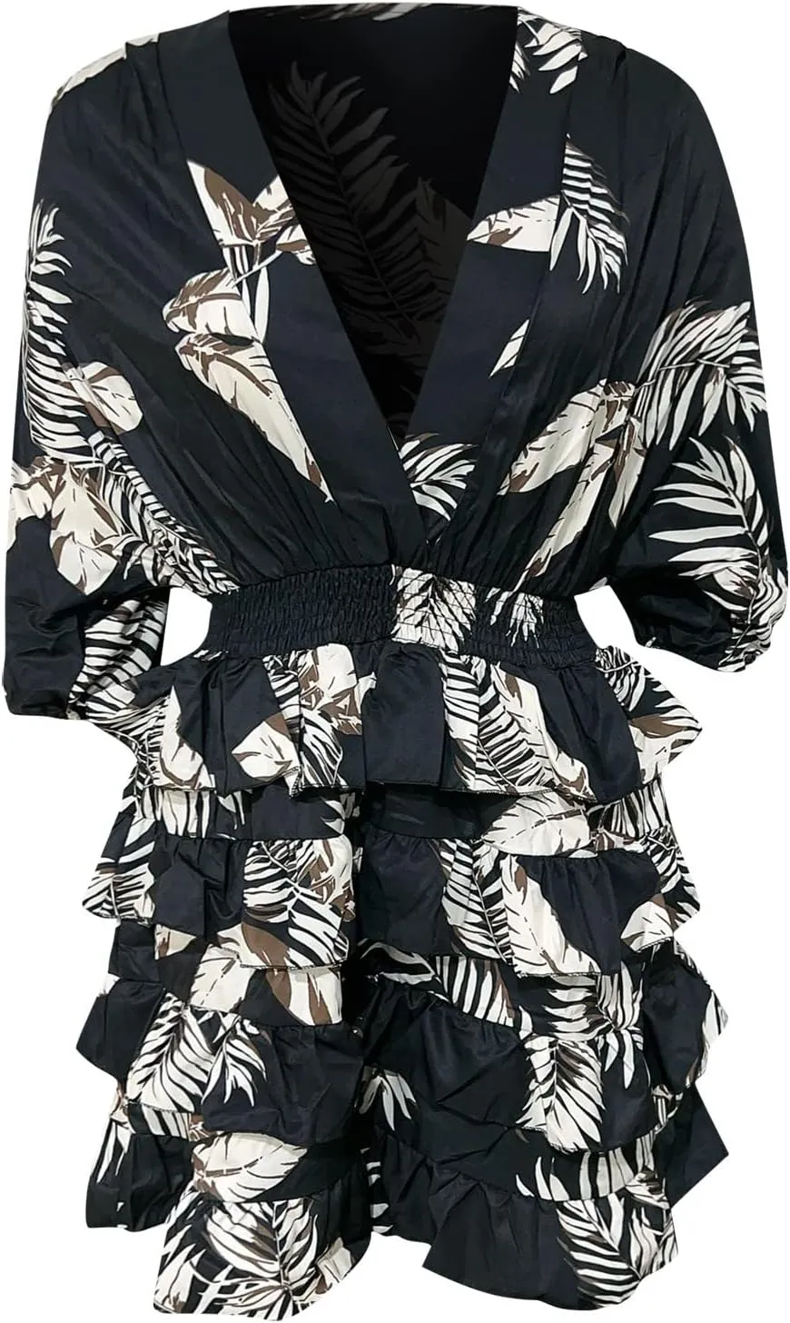 Beach Dresses for Women,2024 Summer Batwing Sleeve Floral Print Boho Dress,Casual V Neck Tiered Ruched Mini Dress